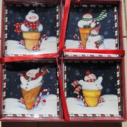 Set Of 4 Susan Winget Snowcream Snowmen Whimsical Christmas Mini Plates