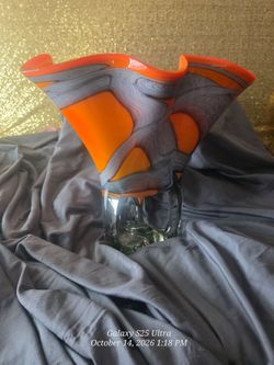 Art Glass Handkerchief Vase Orange and Gray