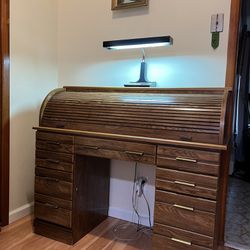 Roll top desk with hutch + matching lamp
