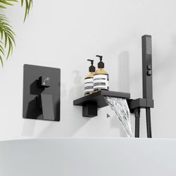 Hoimpro Wall Mount Tub Faucets with Waterfall Tub Spout, Wall Mounted Bathtub Faucet with Handheld Sprayer Bathroom Tub Filler Shower Bathtub Faucet S