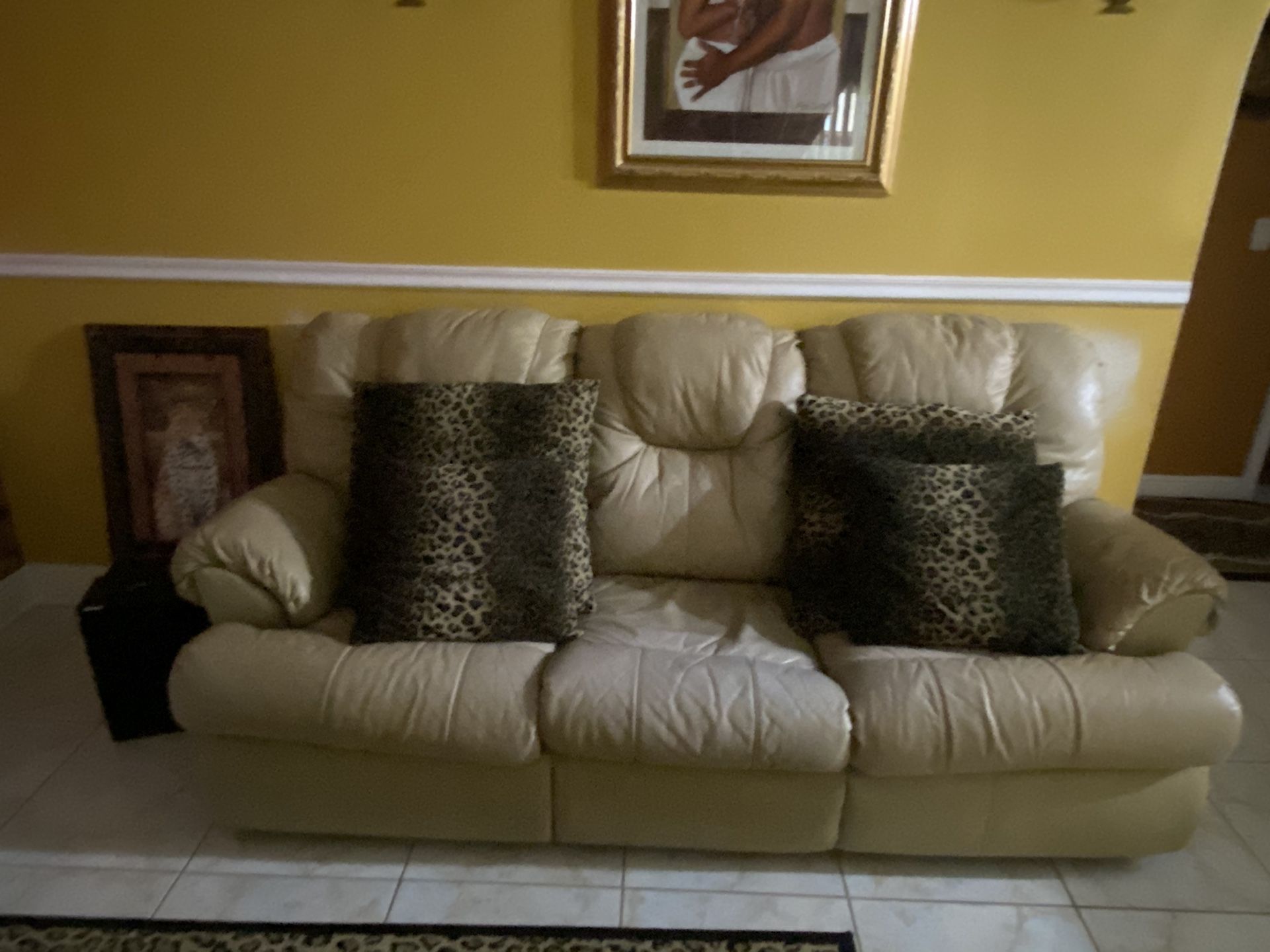 Tan leather Sleep sofa Couch and Recliner