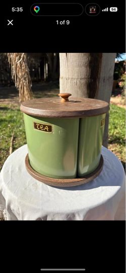 Vintage 1970’s Avocado Green, Mid Century Rotating Canister Set