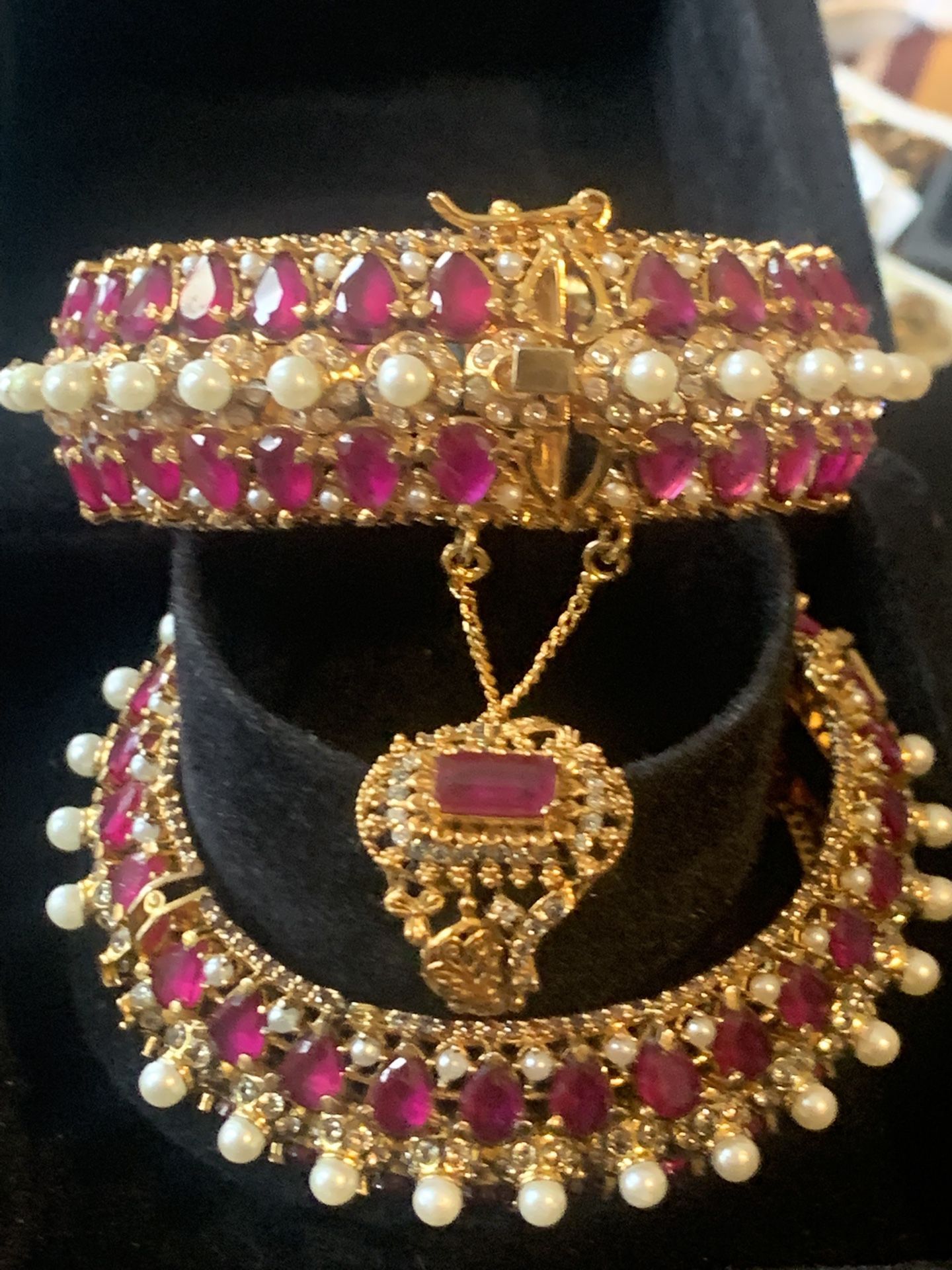 Gold Vermeil Ruby And Pearl Bracelet Set With Ring 925