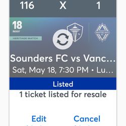 Sounders vs Vancouver Whitecaps 100 Level  5 Tickets Available 5/$175 or $40/1