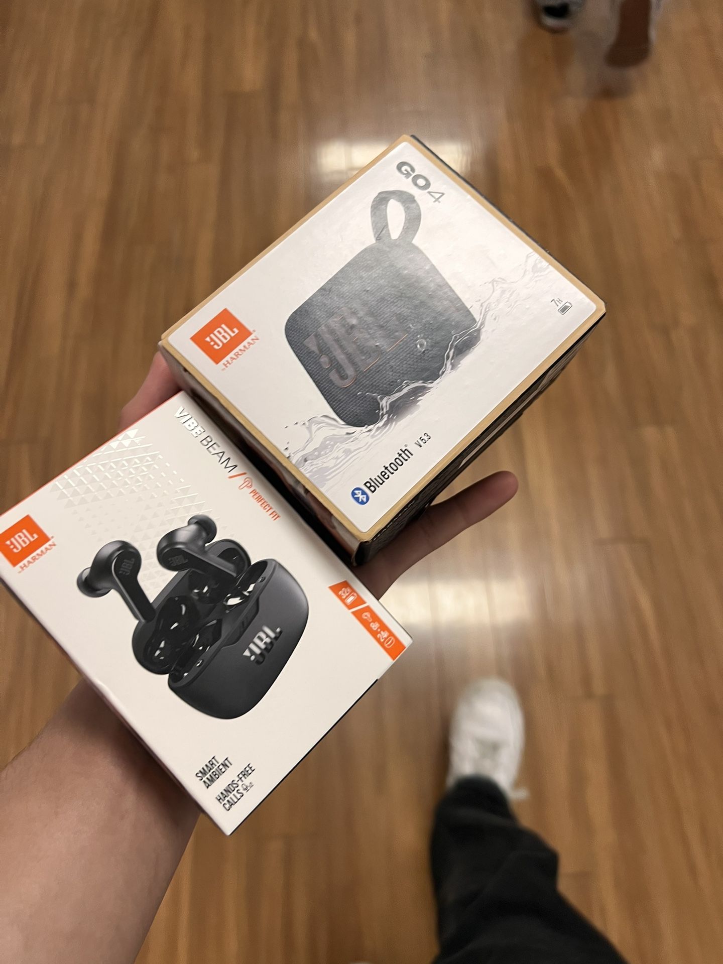 Brand New JBL Go4,  and JBL Vibe Beam Wireless Ear Buds.