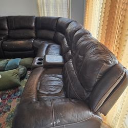 Large Brown Leather Reclining Sectional Sofa-used