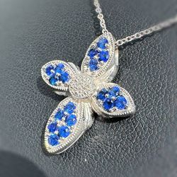 Jewelry 10k solid white gold cross flower blue sapphire stone 1.00CTW Pendant charm
