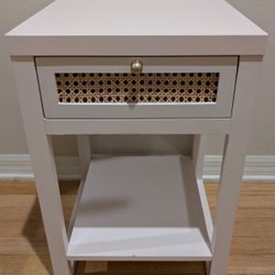 White and Rattan Side Table