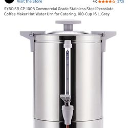 SYBO SR-CP-100B Commercial Grade Stainless Steel Percolate Coffee Maker Hot Water Urn for Catering, 100-Cup 16 L, Grey