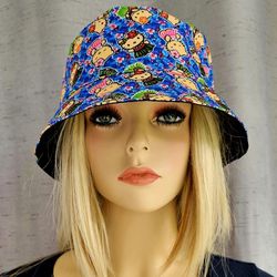 HELLO KITTY HAWAIIN TROPICAL FLOWERS BLUE BUCKET CAP HAT