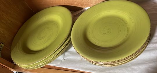 Vintage Green Stoneware Plates & Matching Cups
