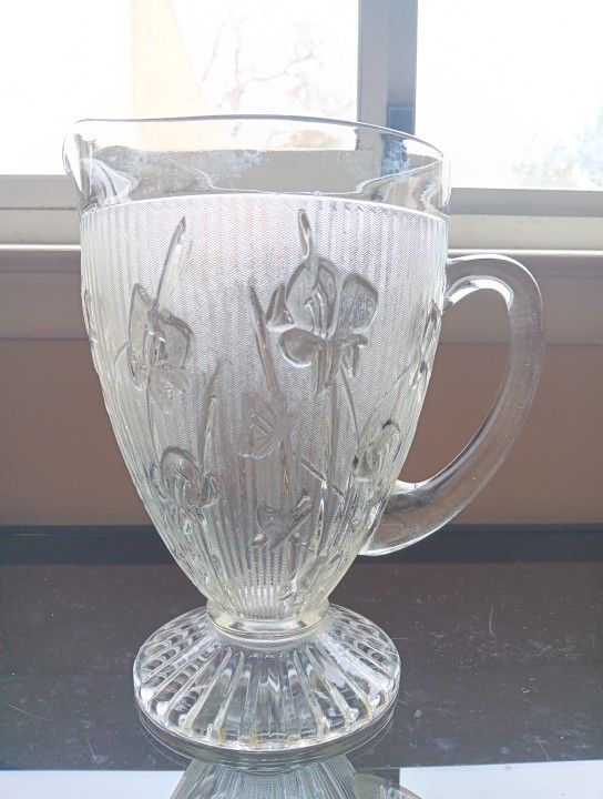 Antique Glass Pitcher By Jeannette Glass Co., Iris & Herringbone Depression Glass