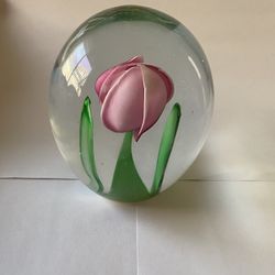 Vintage Edinburgh Style Art Glass Paperweight – Pink Flower & Bubbles