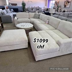Beige corduroy modular living room sectional sofa with ottoman  // Year End Sale !