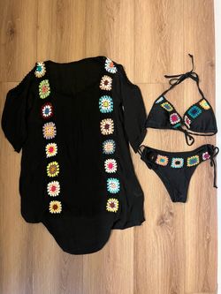 Black Crochet Swimsuit and Coverup