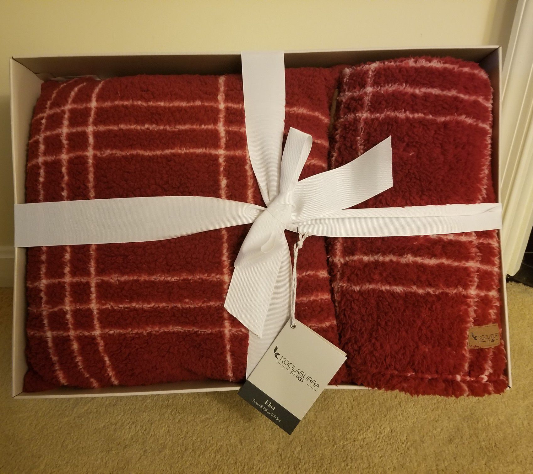 UGG Koolaburra Red Plush Throw & Pillow Gift SetBrand new in gift box. Elsa blanket and pillow gift set in a plush fleece.