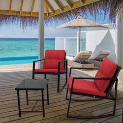 New 3 Piece Patio set Rocking Chairs Bistro Set Wicker Patio Outdoor Furniture Porch Chairs Conversation Sets with Glass Coffee Table   Brand New in b