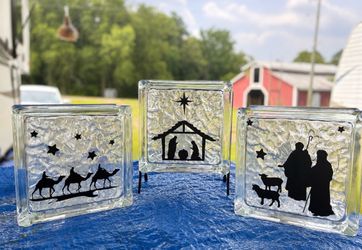 Christmas Nativity Scene Lighted Glass Block Set of 3