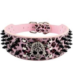 Beirui Spiked Leather Dog Collar - 3 Rows Bullet Rivets Studded PU Leather - Cool Skull Pet Accessories Best Choice for Medium and Large Dogs