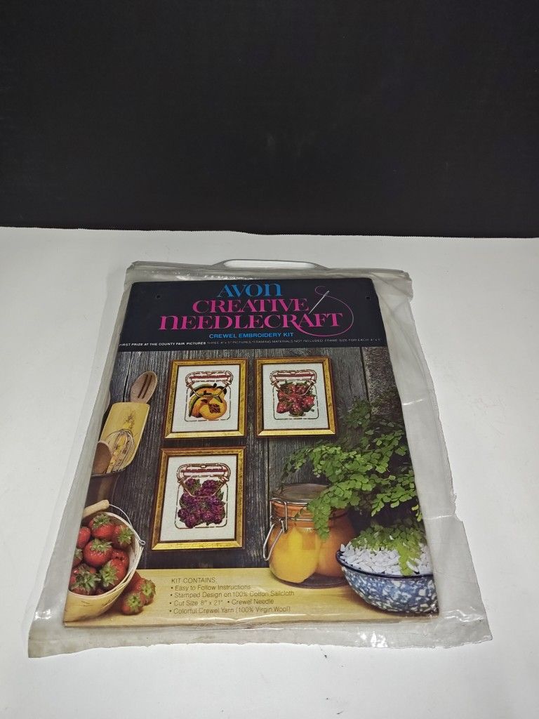 Avon Crewel Embroidery First Prize at the County Fair Peaches Berries Mason Jars