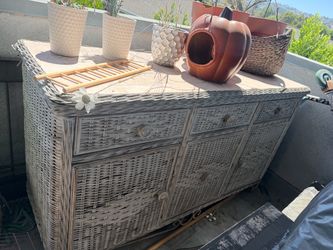 Vintage Coastal Wicker & Iron Sideboard / Buffet Storage Cabinet
