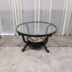Black Metal Oval Coffee Table in Glass and Faux Marble