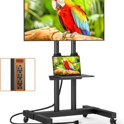Rolling TV Stand with Power Outlet for 32-85 Inch TVs up to 110lbs, Portable TV Stand with Shelf, Mobile TV Cart for Living Room, Office, Meeting Room