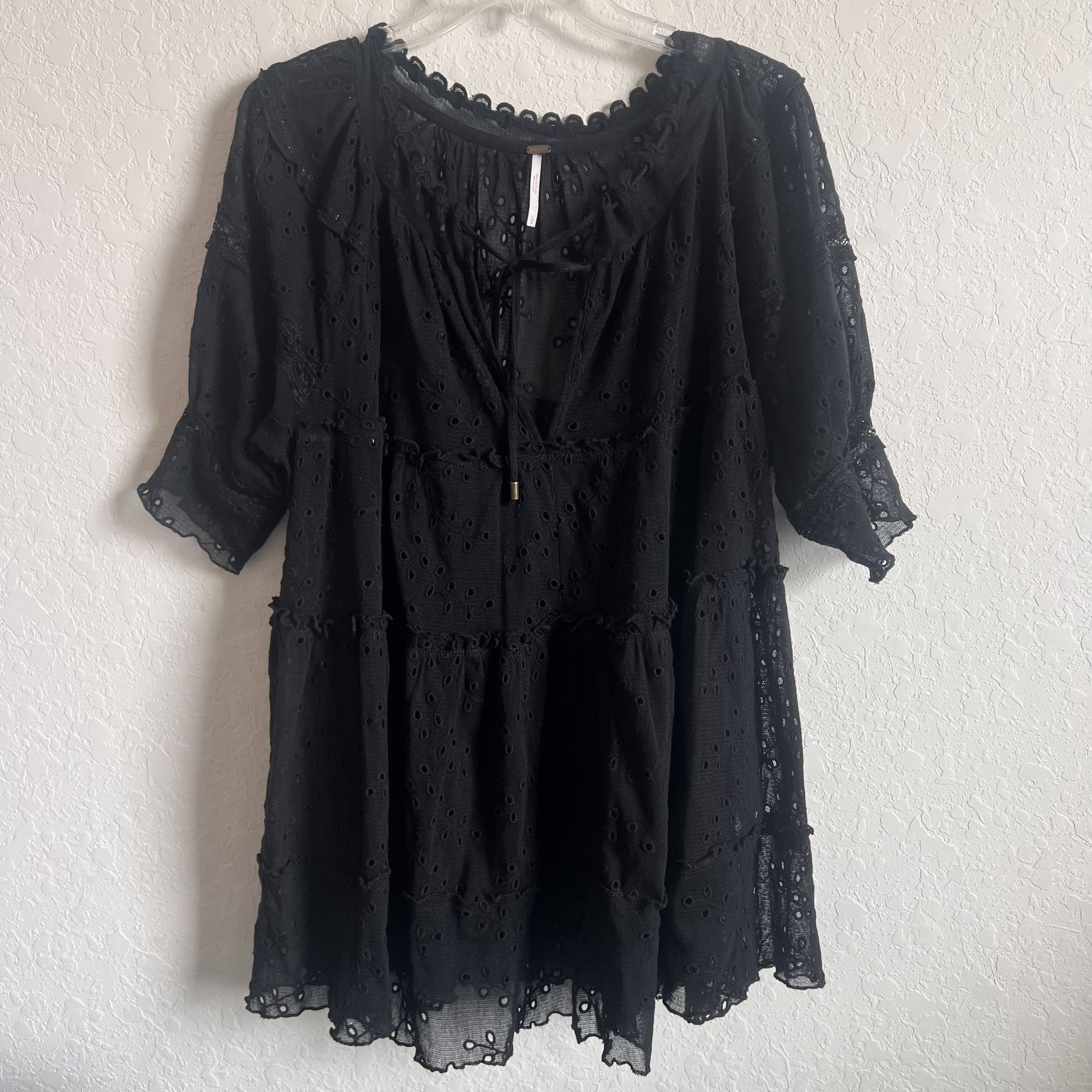 Free People Heartlands Babydoll Eyelets Lace Tiered Sheer Tunic Top L