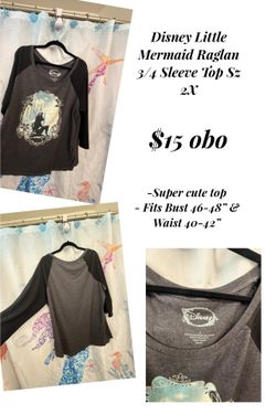Disney Little Mermaid Raglan 3/4 Sleeve Top Sz 2X