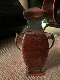 Vintage Japanese Notched Cloisonne Brass Vase with Stork Head Handles