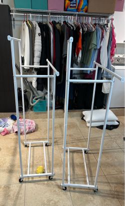 HYSEYY Double Rods Clothes Rack, Rolling Clothing Rack for Hanging Clothes Portable Wardrobe Rack, Metal Garment Rack Sturdy Coat Rack for Bedroom Lau