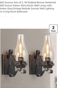 Wall Sconces Sets of 2, Oil Rubbed Bronze Hardwired Wall Sconce Indoor, Retro Rustic Wall Lamps with Amber Glass,Vintage Bedside Sconces Wall Lighting