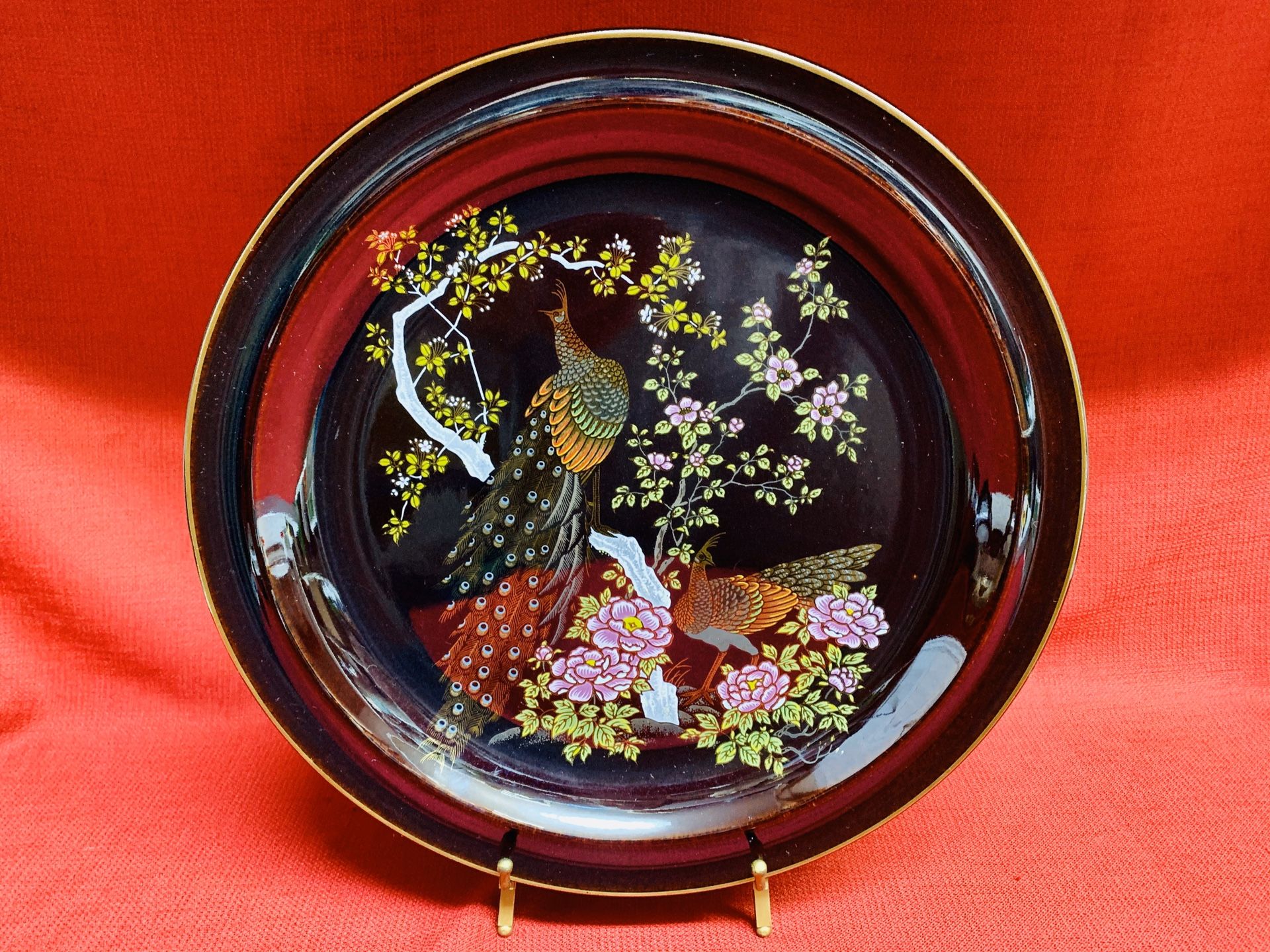 Vintage 12 3/8”dia. Cobalt Blue Peacock Plate Bijutsu Toki-Gold Trim~Japan