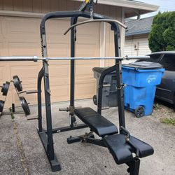 Nautilus Squad Rack With Olympic Weights, Adjustable Bench, barbell and weights tree