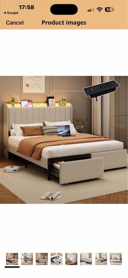 New in box Full Size Bed Frames with Storage Headboard and 2 Drawers, Upholstered Platform Bed Frame Full with Led Lights and Handy Charging Station,