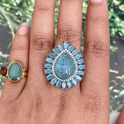 Aquamarine Carved Stone Open Ring Size 6, 7, 8,9