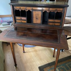Antique Secretary Writing Desk With Wood Inlay Leather Top