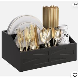 Paper Plate Dispenser Wood Rustic Silverware Holder for Fork Knife Spoons