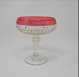 Vintage Indian Glass Diamond Point Ruby Red Rim Candy Dish