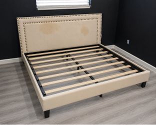 Queen Upholstered Bed Frame with Nailhead Trim