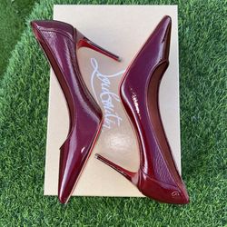 CHRISTIAN LOUBOUTIN SPORTY KATE 85 BURGUNDY PATENT LEATHER PUMP SZ 36.5 NEW 2025