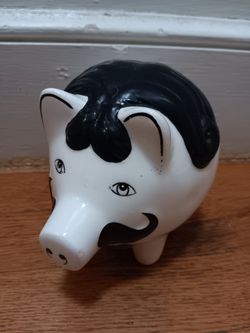 Ceramic Black-And-White Piggy Bank With Black Mustache And Black Hair