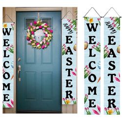2pc Welcome Easter Hanging Banner Door Decor 14"x6" holiday decor/ Outdoor Easter Couplet Hanging Banners Rabbit Festival for Room Wall Garden Yard, F