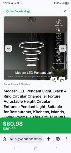 Modern LED Pendant Light, Black 4 Ring Circular Chandelier Fixture,