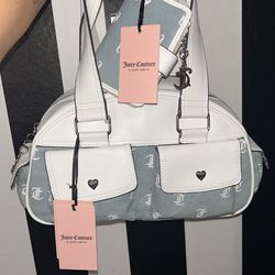 Juicy Couture Pack It Up Bowler & Wallet Set (Washed Denim/White)