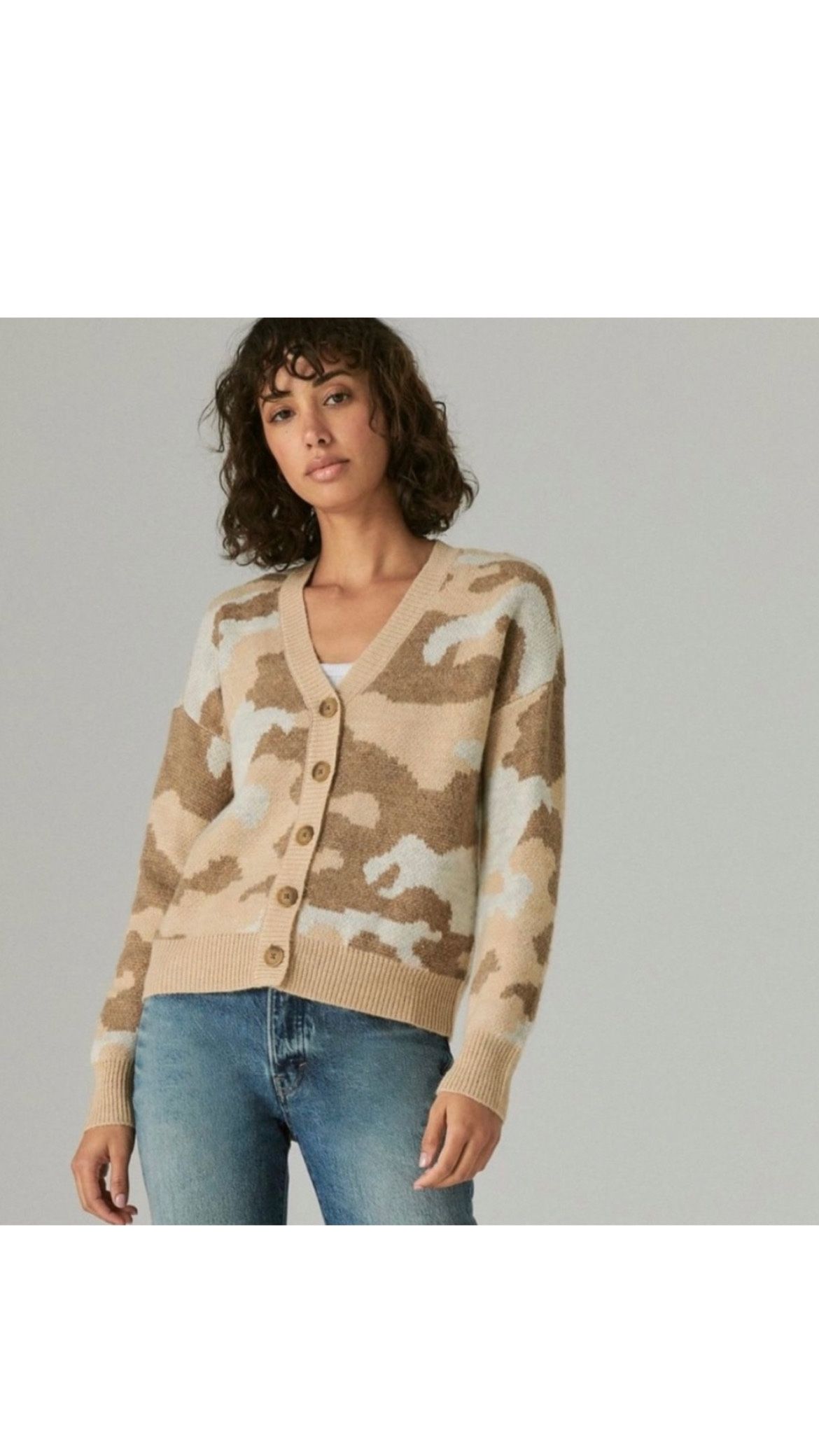 Lucky Brand brown camo button cardigan sweater size small v neck