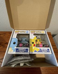 Flocked Pikachu & Squirtle Funko Pop BoxSet *MINT* Gamestop Exclusive Pokemon 353 with Protector 504 Starter Keychain Sticker Pins Games Video