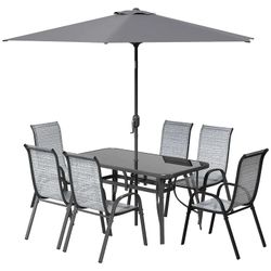6-Seat Outdoor Dining Set, Tilting Umbrella, All-Weather Mesh Chairs