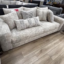 Beige Fluffy Plush Sofa With Fluffy Pillows 