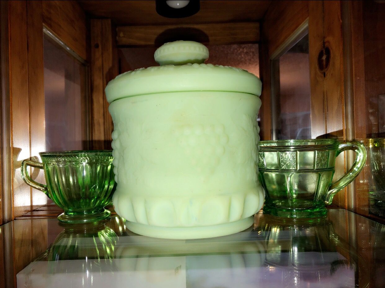 Jadeite glass cups & Cookie jar